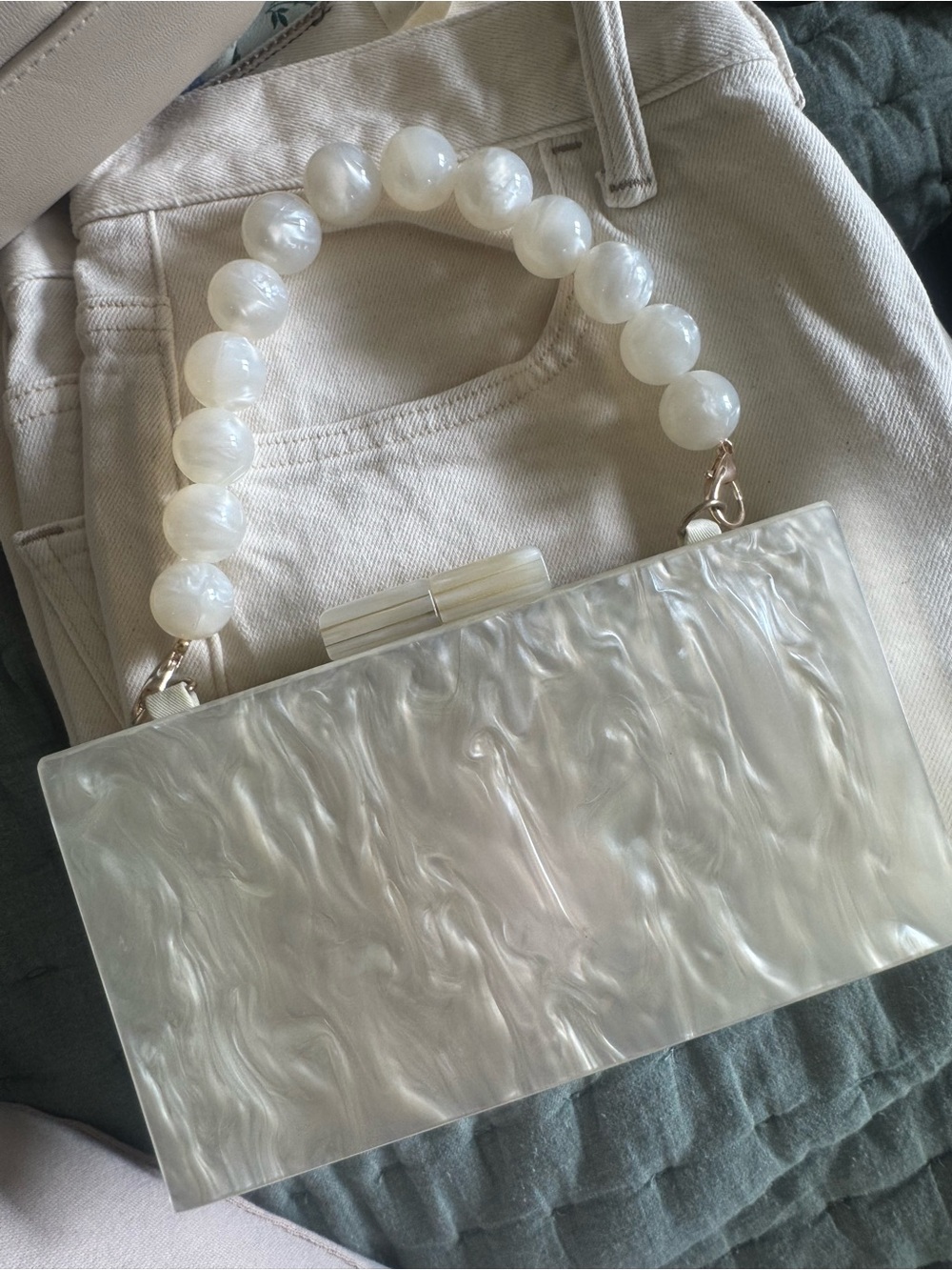 a new day Pearlescent Marbled Beaded Handle Clutch - White